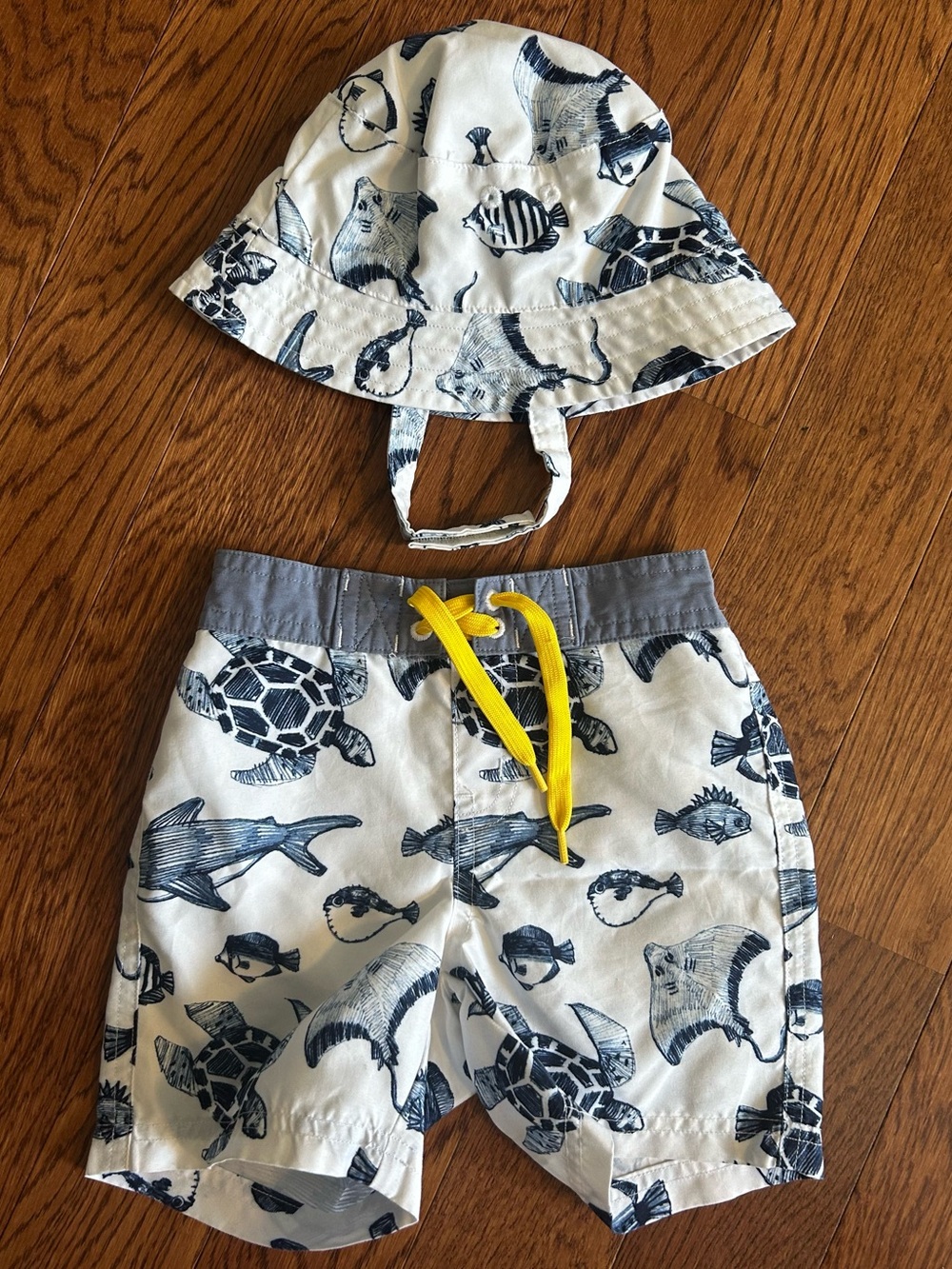Janie and Jack Baby Boy White & Navy Ocean Print Swim Set with Yellow Drawstring
